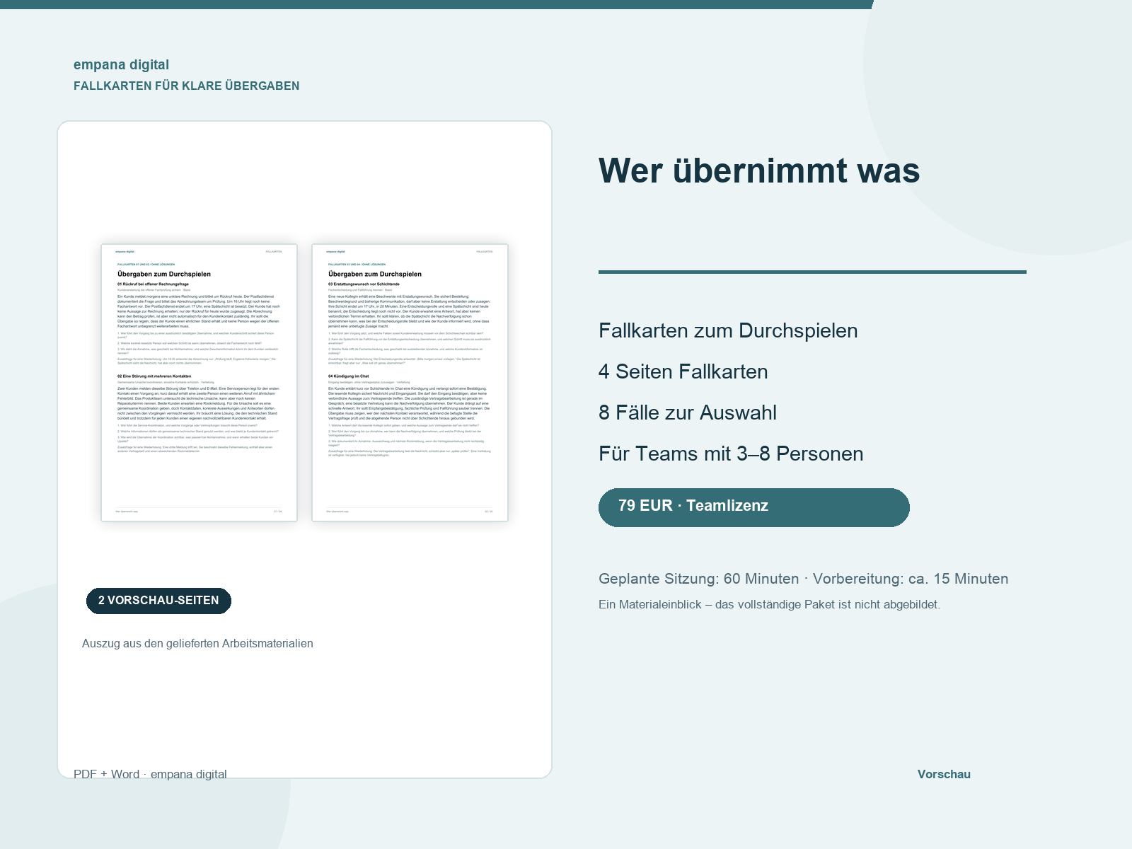 Vorschau der Teilnehmerunterlagen und Fallkarten für Wer übernimmt was?